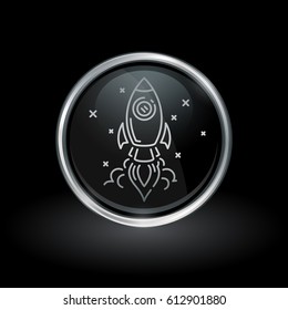 Spacecraft take-off symbol with rocket launch icon inside round chrome silver and black button emblem on black background. Vector illustration.