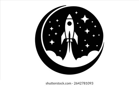 Spacecraft Taking Off Moon and Stars Icon Vector
