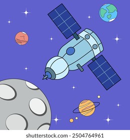 Spacecraft traveling from the Earth to the Moon. Space cartoon vector illustration with planets and stars.