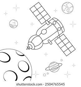 Spacecraft traveling from the Earth to the Moon. Space cartoon vector illustration with planets and stars for coloring book. Black and white.