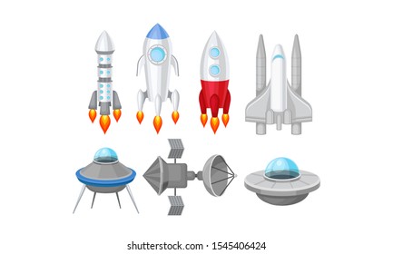 Spacecraft Vector Illustrated Set. Futuristic Spaceship Objects