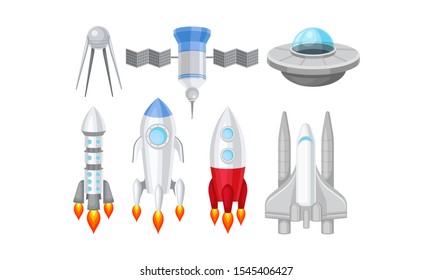 Spacecraft Vector Illustrated Set. Futuristic Spaceship Objects