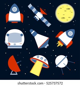 Spacecraft Vector illustration Icons spacecraft in a flat design on the starry sky background