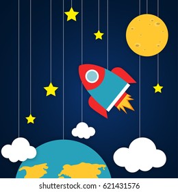 Spacecraft Vector illustration Space with planets, stars, clouds and flying rocket in paper art cartoon style. Trendy cute design