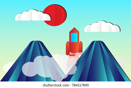 Spacecraft vector with mountain and sun clouds sky background, vector paper art and illustration.