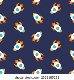 Spacecraft vector seamless pattern. Rocket, spaceship design, jet background, galaxy wallpaper