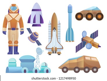 Spacecrafts, colony building, rocket, cosmonaut in space suit, sattelite and mars robot rover set. Vector galaxy space set isolated on the white background.