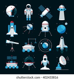 Spacecrafts flat icons set with cosmonaut space suit and equipment with black background poster abstract vector illustration