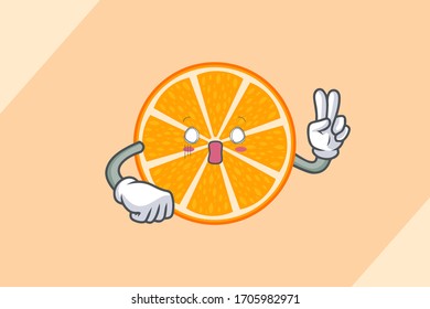 SPACED OUT, SURPRISED, SHOCKED Face. Peace Finger Gesture. Mascot Illustration. Slice Orange Citrus Fruit Cartoon.