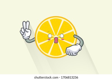 SPACED OUT, SURPRISED, SHOCKED Face. Peace Finger Gesture. Mascot Illustration. Slice Lemon Fruit Cartoon.