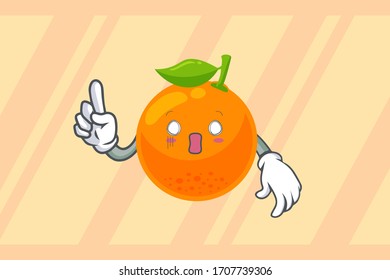 SPACED OUT, SURPRISED, SHOCKED Face. index finger, forefinger Gesture. Mascot Vector Illustration. Orange Citrus Fruit Cartoon.