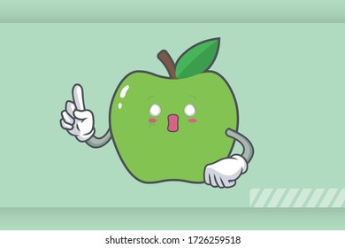 SPACED OUT, SURPRISED, SHOCKED Face Emotion. Forefinger Hand Gesture. Green Apple Cartoon Mascot Illustration