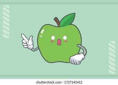 SPACED OUT, SURPRISED, SHOCKED Face Emotion. Forefinger Hand Gesture. Green Apple Cartoon Mascot Illustration