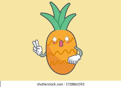 AUSGESPROCHEN, ÜBERRASCHT, GESCHOCKT, Gesichtserkennung. Peace Hand Gesture. Ananas Fruchtcartoon gezeichnet Maskottabildung.
