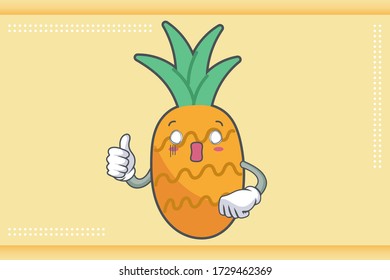 SPACED OUT, SURPRISED, SHOCKED Face Emotion. Thumb Up Hand Gesture. Pineapple Fruit Cartoon Drawn Mascot Illustration.