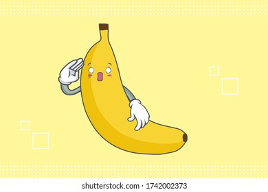 SPACED OUT, SURPRISED, SHOCKED Face Emotion. Waving Hand Hand Gesture. Banana Fruit Cartoon Drawing Mascot Illustration.