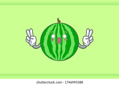 SPACED OUT, SURPRISED, SHOCKED Face Emotion. Double Peace Hand Gesture. Watermelon Fruit Cartoon Drawing Mascot Illustration.