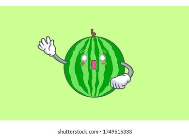 ESPACIOSO, SORPRENDIDO, SORPRENDIDO Emoción facial. Gesto de mano ondulante. Dibujo de dibujos de mascotas con dibujos animados con frutas de sandía.