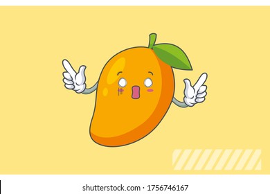 AUSGESTATTET, ÜBERRASCHT, ZOCKIERT Gesichtserebewegung. Hand-Gesture-Handpistole von Double Forefinger. Yellow Mango Fruit Cartoon Zeichnen Maskottabilustration.