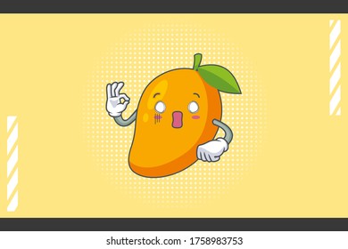 ESPACIOSO, SORPRENDIDO, SORPRENDIDO Emoción facial. Buen Gesto. Caricatura De La Fruta De Mango Amarilla Dibujando Ilustración De Mascota.