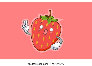 ESPACIOSO, SORPRENDIDO, SORPRENDIDO Emoción facial. Gesto de la mano de la paz. Caricatura De Fruta De Fresa Roja Dibujando Ilustración De Mascota.