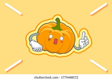 SPACED OUT, SURPRISED, SHOCKED Face Emotion. Forefinger Hand Gesture. Yellow, Orange Pumpkin Fruit Cartoon Drawing Mascot Illustration.