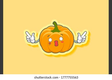 SPACED OUT, SURPRISED, SHOCKED Face Emotion. Double Finger Gun Hand Gesture. Yellow, Orange Pumpkin Fruit Cartoon Drawing Mascot Illustration.