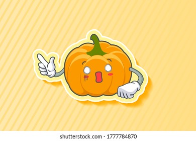 SPACED OUT, SURPRISED, SHOCKED Face Emotion. Finger Gun Hand Gesture. Yellow, Orange Pumpkin Fruit Cartoon Drawing Mascot Illustration.