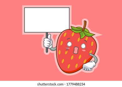AUSGESTATTET, ÜBERRASCHT, ZOCKIERT Gesichtserebewegung. Halten Sie Whiteboard Hand Gesture. Rote Erdbeere Fruchtkartoon Zeichnung Maskottabilustration.