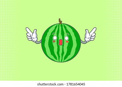 AUSGESTATTET, ÜBERRASCHT, ZOCKIERT Gesichtserebewegung. Double Forefinger Handgun Gesture. Watermelon Fruit Cartoon Zeichnen Maskottabilustration.