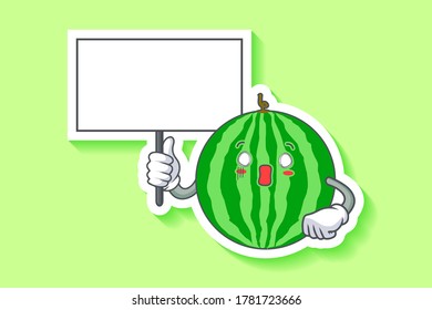 AUSGESTATTET, ÜBERRASCHT, ZOCKIERT Gesichtserebewegung. Halten Sie Whiteboard Hand Gesture. Watermelon Fruit Cartoon Zeichnen Maskottabilustration.