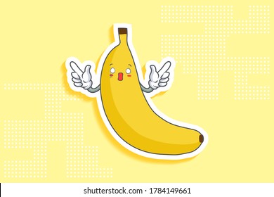 AUSGESTATTET, ÜBERRASCHT, ZOCKIERT Gesichtserebewegung. Double Forefinger Handgun Gesture. Banana Fruit Cartoon Zeichnen Maskottabildung.