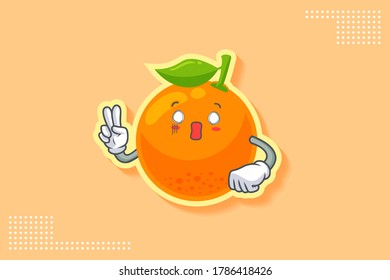 SPACED OUT, SURPRISED, SHOCKED Face Emotion. Peace Hand Gesture. Orange, Citrus Fruit Cartoon Drawing Mascot Illustration.