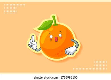 SPACED OUT, SURPRISED, SHOCKED Face Emotion. Forefinger Hand Gesture. Orange, Citrus Fruit Cartoon Drawing Mascot Illustration.