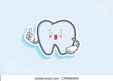 SPACED OUT, SURPRISED, SHOCKED Face Emotion. Forefinger Hand Gesture. Tooth Cartoon Drawing Mascot Illustration.