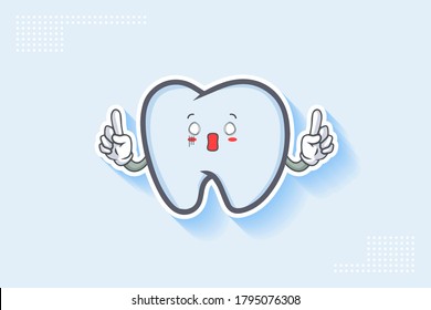 SPACED OUT, SURPRISED, SHOCKED Face Emotion. Double forefinger Hand Gesture. Tooth Cartoon Drawing Mascot Illustration.