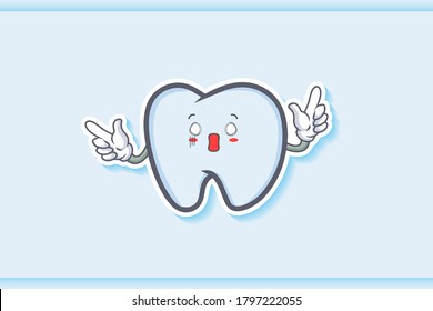 SPACED OUT, SURPRISED, SHOCKED Face Emotion. Double Forefinger Handgun Gesture. Tooth Cartoon Drawing Mascot Illustration.