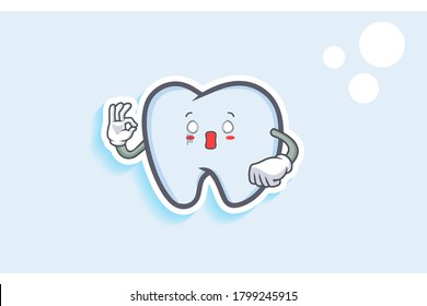 SPACED OUT, SURPRISED, SHOCKED Face Emotion. Nice Hand Gesture. Tooth Cartoon Drawing Mascot Illustration.