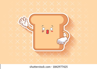 SPACED OUT, SURPRISED, SHOCKED Face Emotion. Waving Hand Gesture. Bread Food Cartoon Drawing Mascot Illustration.
