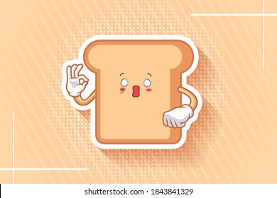 SPACED OUT, SURPRISED, SHOCKED Face Emotion. Nice Hand Gesture. Bread Food Cartoon Drawing Mascot Illustration.