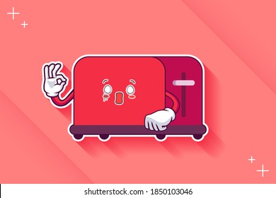 ESPACIOSO, SORPRENDIDO, SORPRENDIDO Emoción facial. Buen Gesto De La Mano Del Dedo. Caricatura De Tostadora Dibujando Ilustración De Mascota.