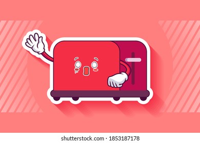 SPACED OUT, SURPRISED, SHOCKED Face Emotion. Waving Hand Gesture. Toaster Cartoon Drawing Mascot Illustration.