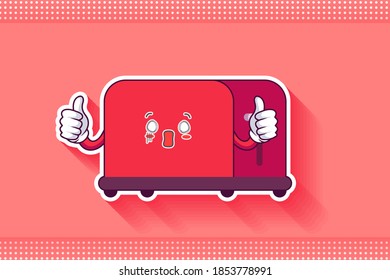 SPACED OUT, SURPRISED, SHOCKED Face Emotion. Double Thumb Up Finger Hand Gesture. Toaster Cartoon Drawing Mascot Illustration.