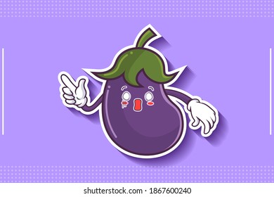 SPACED OUT, SURPRISED, SHOCKED Face Emotion. Forefinger Hand Gesture. Eggplant vegetable Cartoon Drawing Mascot Illustration.