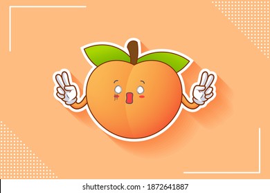 SPACED OUT, SURPRISED, SHOCKED Face Emotion. Double Peace Finger Hand Gesture. Peach Fruit Cartoon Drawing Mascot Illustration.