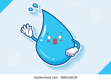 SPACED OUT, SURPRISED, SHOCKED Face Emotion. Waving Hand Gesture. Water Drop Cartoon Drawing Mascot Illustration.