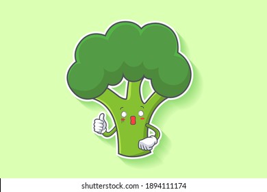 SPACED OUT, SURPRISED, SHOCKED Face Emotion. Thumb Up Finger Hand Gesture. Broccoli Vegetable Cartoon Drawing Mascot Illustration.