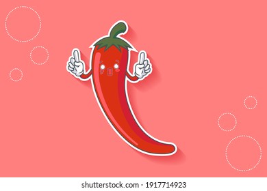 ESPACIOSO, SORPRENDIDO, SORPRENDIDO Emoción facial. Gesto De Mano De Doble Anillo. Ilustración de la mascota de dibujos de vegetales chilli.