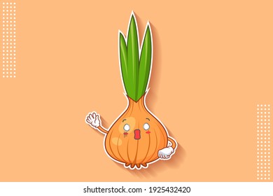 ESPACIOSO, SORPRENDIDO, SORPRENDIDO Emoción facial. Saludo, Respeto Gesto Mano. Cebolla Blanca, Caricatura Vegetable De Ajo Dibujando Ilustración De Mascota.