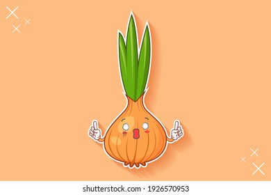 AUSGESTATTET, ÜBERRASCHT, ZOCKIERT Gesichtserebewegung. Forefinger Hand Gesture. Zwiebeln, Knoblauch Gemüsegarantie Cartoon Zeichnung Maskottabbild.